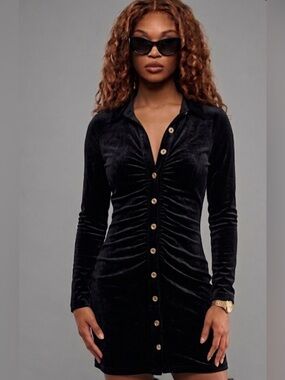 Black Velvet Ruched Button-Front Women's dress